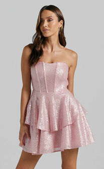 Mabel Mini Dress - Strapless Sweetheart Neck Tiered in Pink