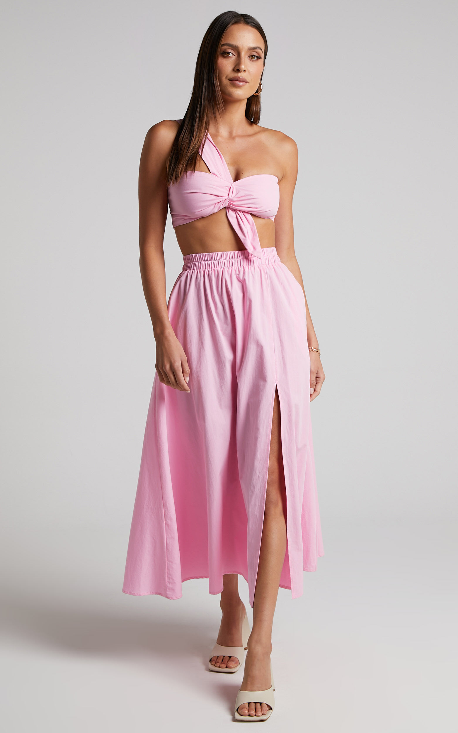 Sula Two Piece Set One Shoulder Bralette Crop Top and Midi Skirt Set in Pink Showpo EU