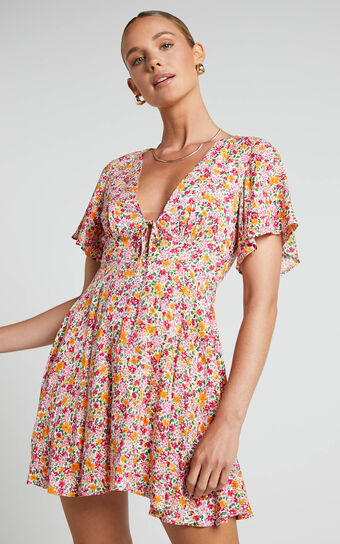 Rosario Mini Dress - Flutter Sleeve V Neck Dress in White Floral