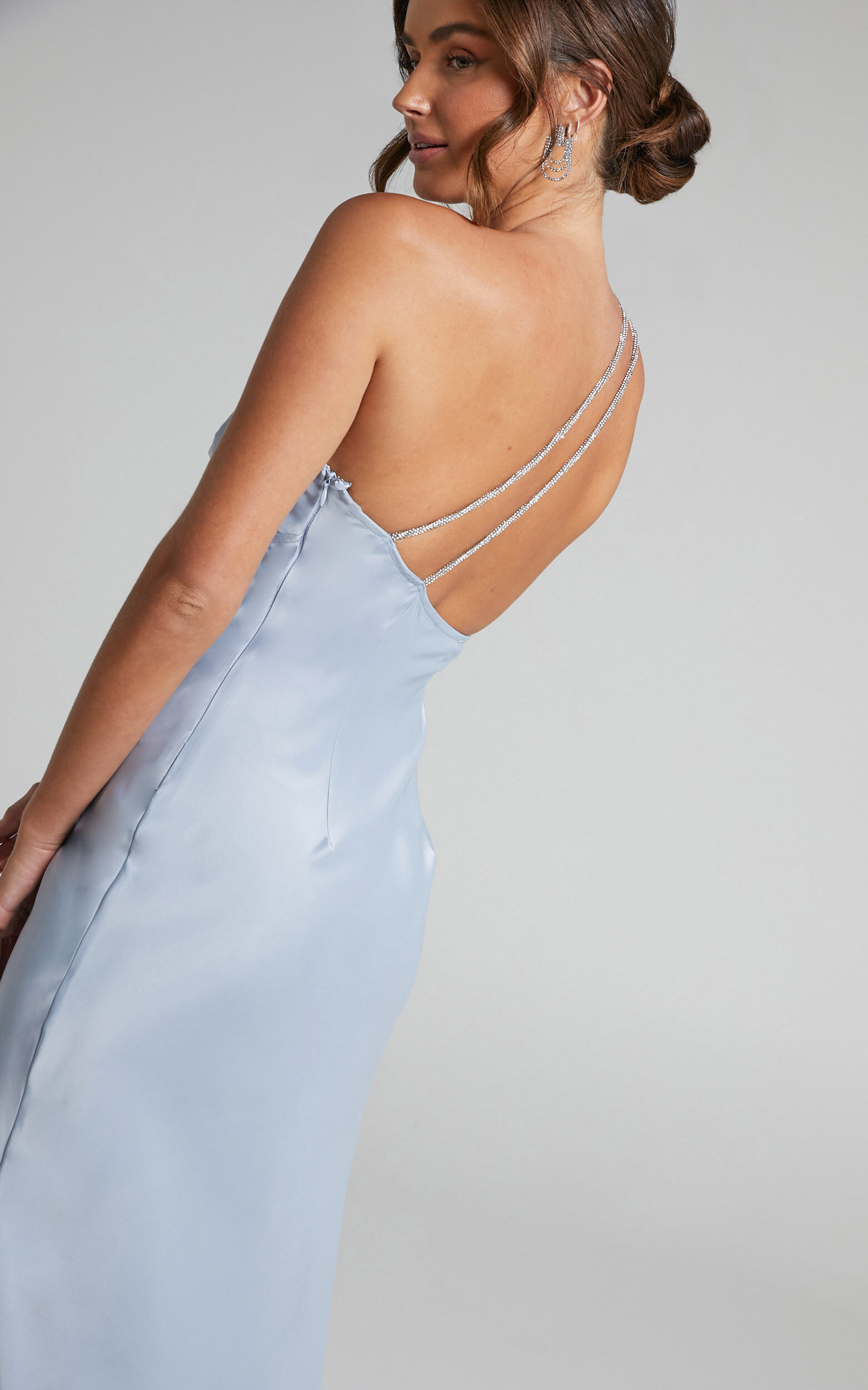 Elzales Midi Dress One Shoulder Beaded Strap Satin Dress in Pale Blue
