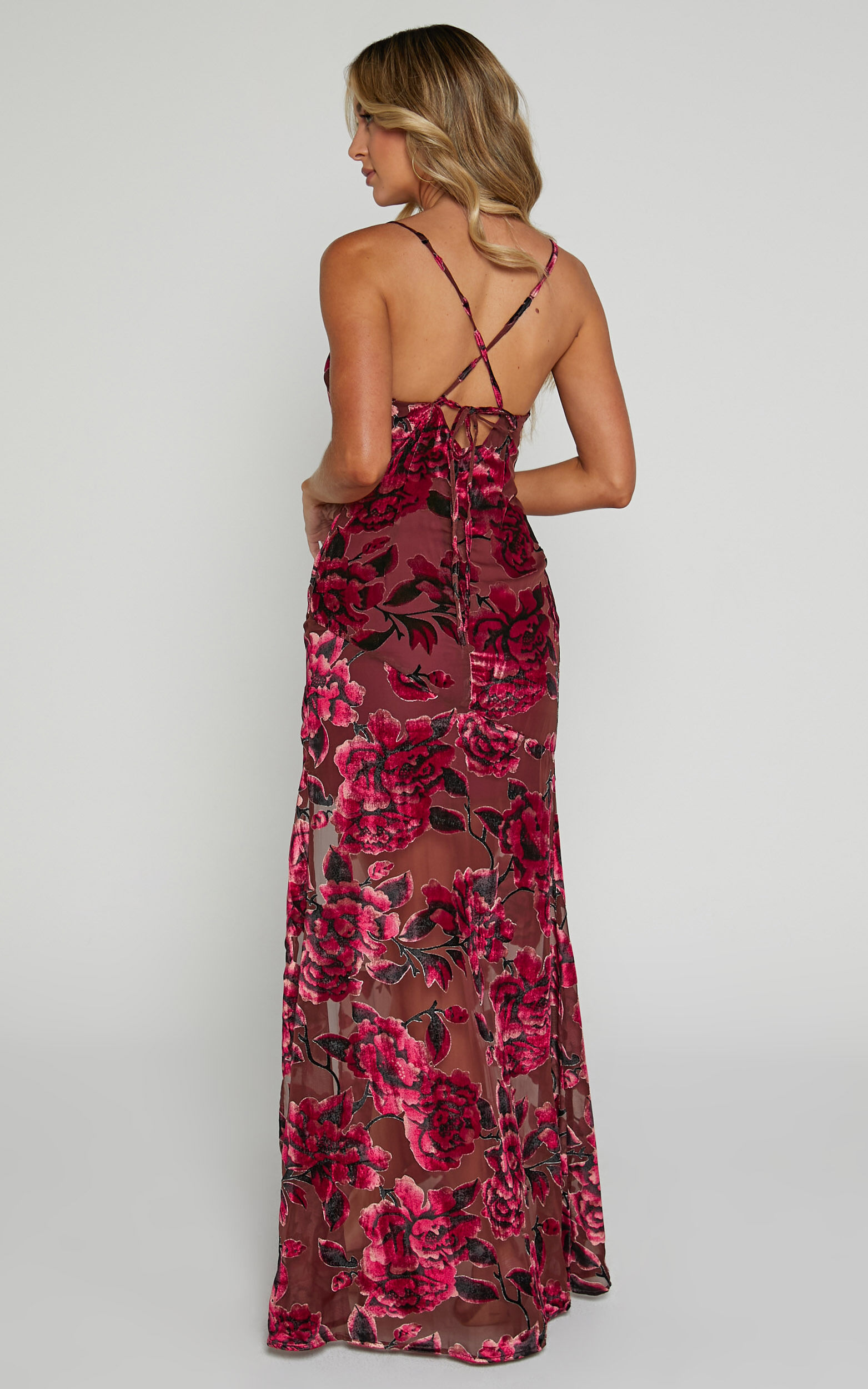 Aletta Maxi Dress Cowl Cross Back Dress in Wine Floral