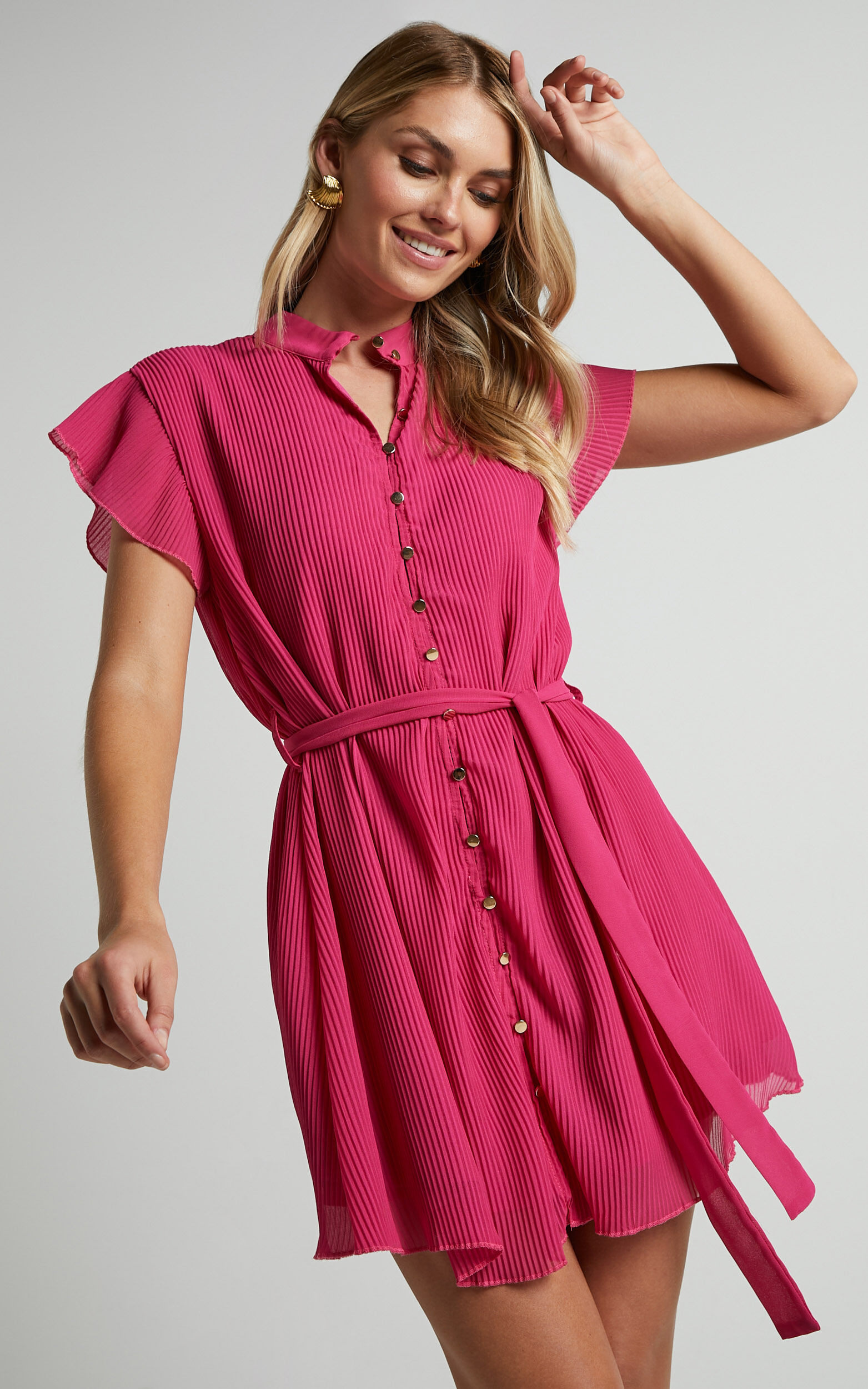 Kerray Mini Dress - Button Up Short Sleeve Tie Waist Dress in Fuchsia - 04, PRP1