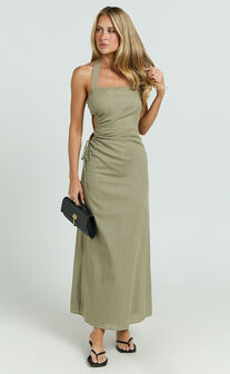 Myra Maxi Dress - Halter Ruched Side Dress in Olive