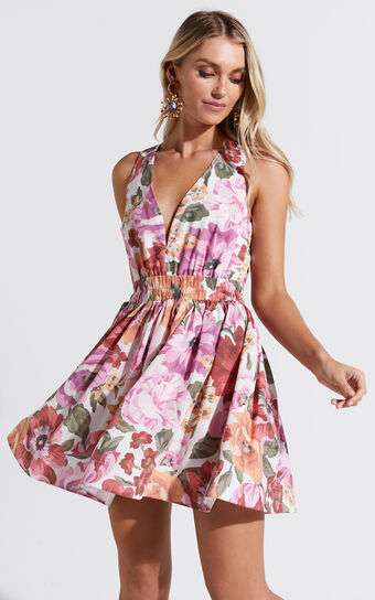 Hepburn Mini Dress - V Neck Tie Back Dress in Spring Floral