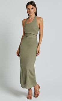 Lindley Midi Dress - Halter Neck Linen Look Dress in Olive