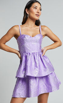 Nikkita Mini Dress - Shoulder Tie Bustier Tiered Dress in Purple