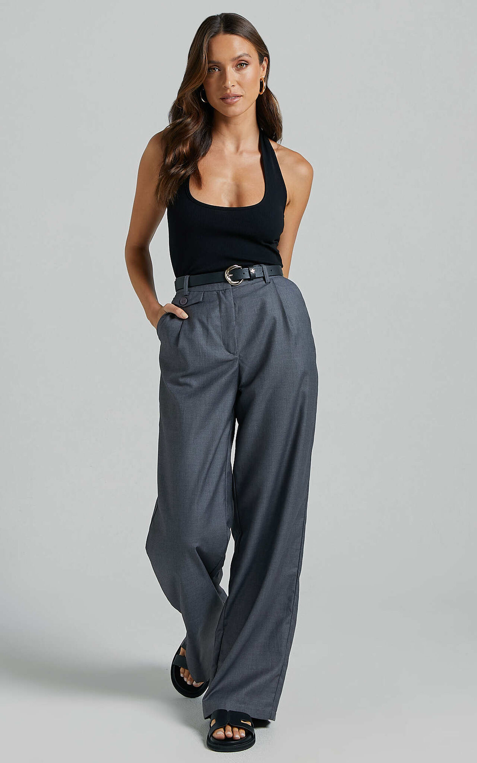 Romola Trousers - Low Rise Relaxed Pocket Flap Detail Straight Leg Trousers in Charcoal - 12, GRY1