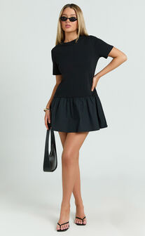 Kym Mini Dress - Tee Shirt Top Drop Waist Gathered Full Skirt Dress in Black