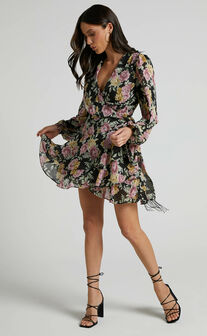 Jaspha Mini Dress - Sheer Detail Ruffle Skirt V Neck Dress in Black Floral