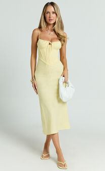 Mikayla Midi Dress - Linen Scoop Neck Ruched Bust Corset Waist Bias Skirt Dress in Lemon