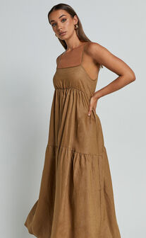 Zuriel Midi Dress - Strappy Linen Tiered Dress in Warm Khaki