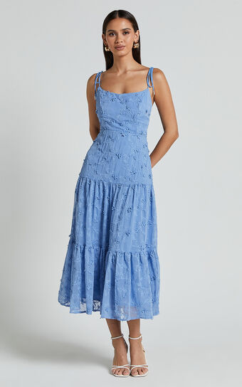 Francesca Midi Dress - Tie Shoulder Tiered Embroided Dress in Cornflower Blue Showpo