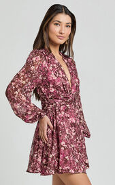 Eleanor Mini Dress - Plunge Twist Front Jacquard Dress in Wine Floral ...
