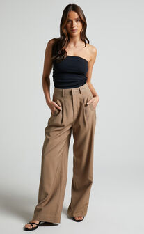 Augustus Pants - High Waisted Wide Leg Tailored Pants in Latte