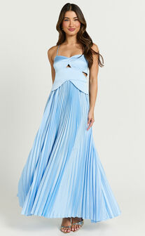 Shay Maxi Dress - Sweetheart Cut Out Pleated Dress in Blue