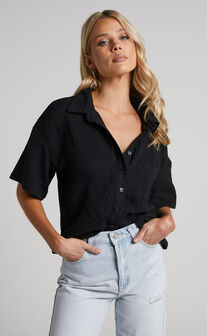 Donita Top - Button Up Shirt Top in Black