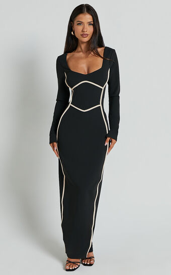 Zareena Midi Dress - Straight Neck Long Sleeve Slip Dress in Black