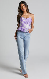 Hailey Top - Jacquard Strapless Peplum Top in Lilac Jacquard