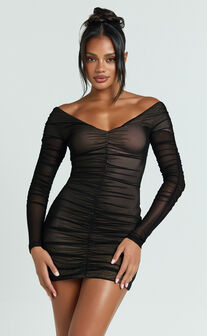 Dani Mini Dress - Mesh Long Sleeve Off Shoulder Ruched Dress in Black