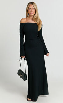 Ayla Maxi Dress - Off Shoulder Flared Sleeve Bodycon Dress in Black