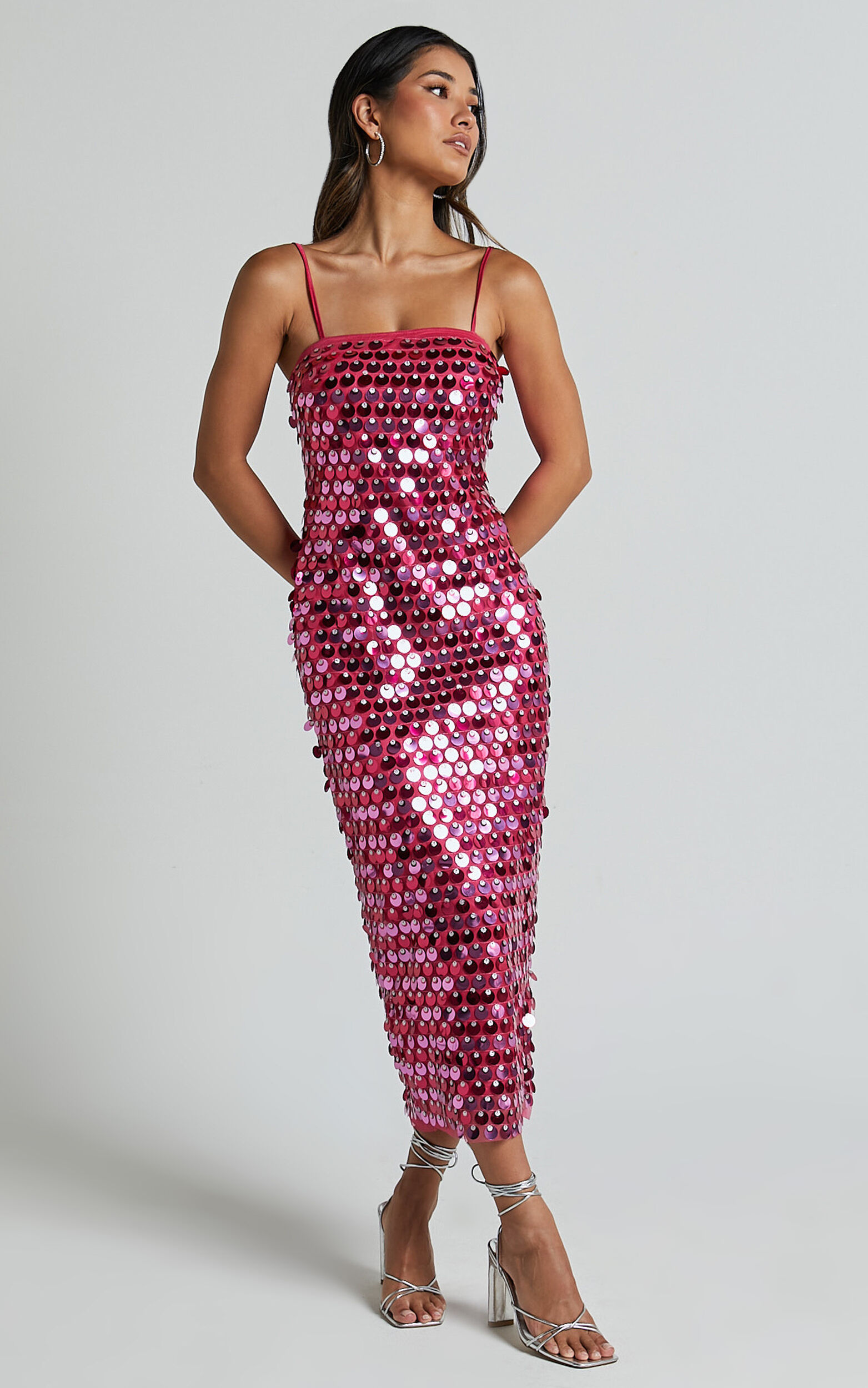 Pink sequin midi dress cheap