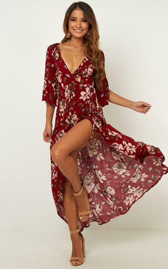 Slipped Away Dress In Wine Floral