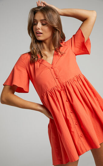 Staycation Mini Dress - Smock Button Up Dress in Coral