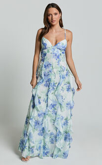 Amalie The Label - Rosalie Strappy Cut Out Ruffle Detail Maxi Dress in Elysian Print