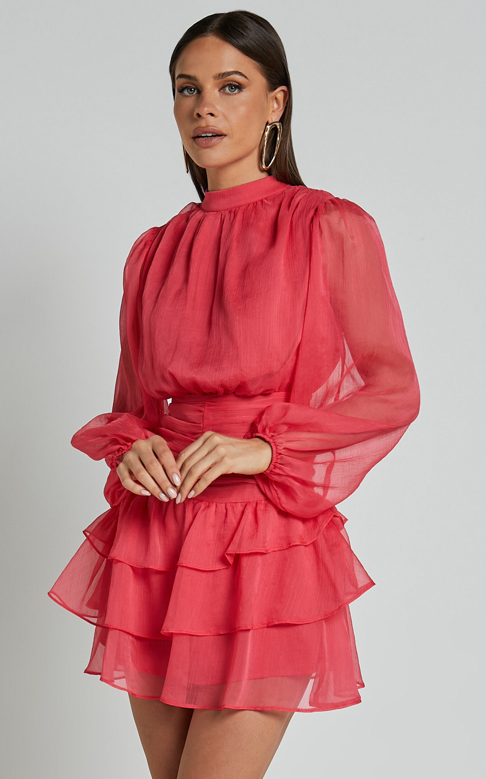Charlize Mini Dress High Neck Long Sleeve Layered Dress in Coral Showpo