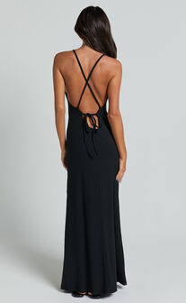 Jacky Maxi Dress - Strappy Plunge Cross Back Tie A Line Dress in Black