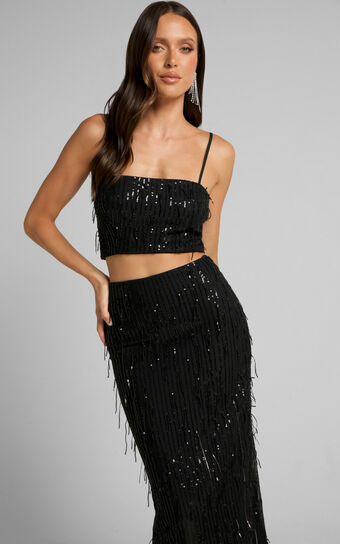 Harue Top - Tassel Sequin Crop Top in Black