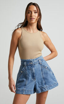 Kayla Shorts - High Waisted A Line Denim Shorts in Mid Blue Wash