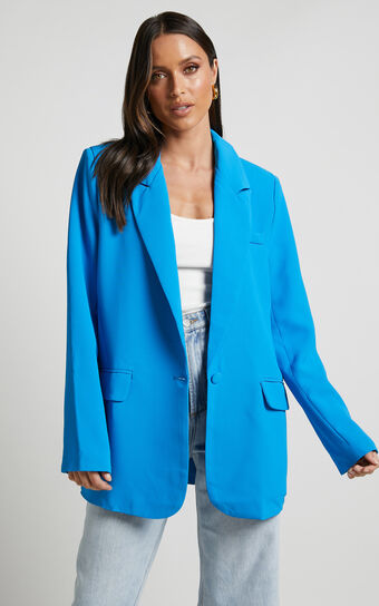 Michelle Blazer - Oversized Plunge Neck Button Up Blazer in Blue | Showpo