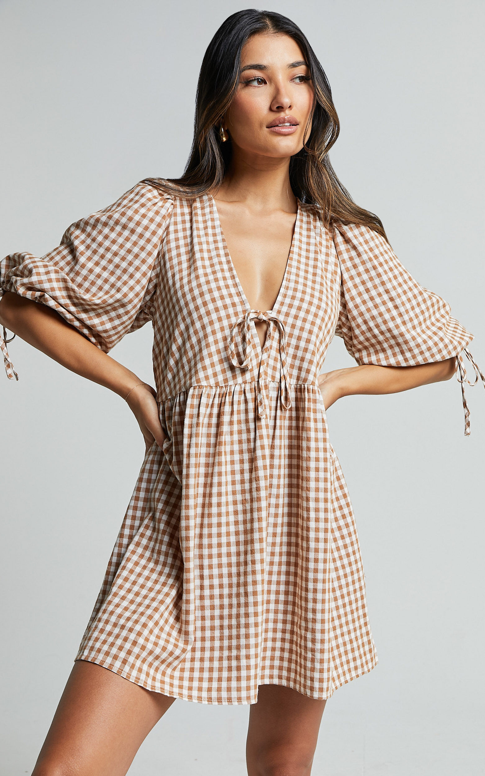 Rosita Mini Dress Tie Front Puff Sleeve Dress in Caramel White Gingham