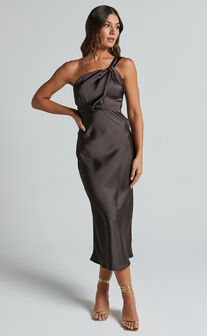 Aria Midi Dress - One Shoulder Twist Detail Satin Bias Cut Dress in Espresso