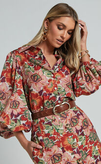 Amalie The Label - Hanae Linen Blend Collared Button Through Puff Sleeve Shirt in Musee Print