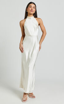 Cassie Midi Dress - High Neck Sleeveless Backless Slip Dress in Champagne