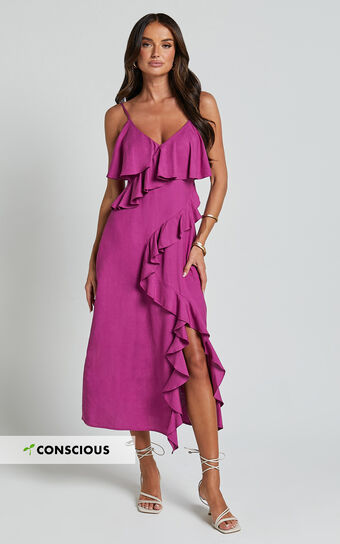 Pearline Midi Dress Linen Look Frill Detail Thigh Split Slip in Grape