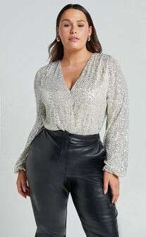 Madone Bodysuit - Long Sleeve V Neck Sequin in Silver