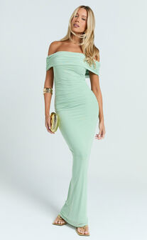 Caterina Maxi - Ruched Off Shoulder Mesh Dress in Sage