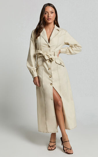 Yelena Midi Dress - Button up Collared Belted Long Sleeve Dress in Natural