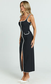 Xyra Midi Dress - Square Neck Contrast Bind Fitted Dress in Black