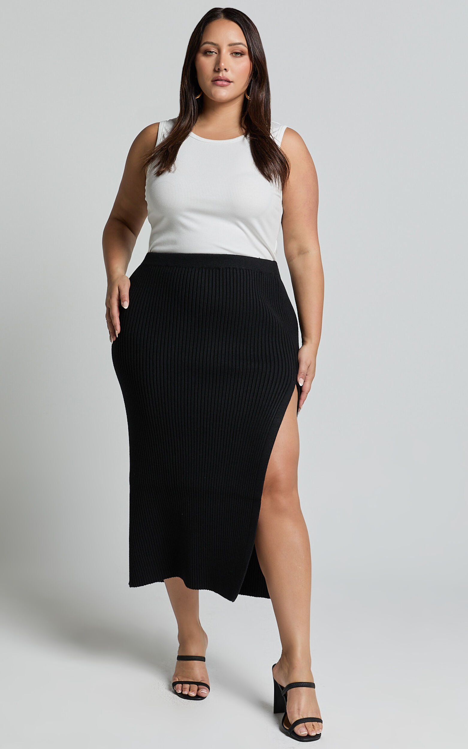 Andalucia Midi Skirt Ribbed Side Split Skirt in Black Showpo NZ