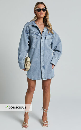 Amalie The Label  Herrera Recycled Cotton Denim Dress in Mid Blue