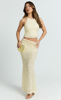 Celeste Maxi Skirt - Sequin Fit And Flare Skirt in Ivory