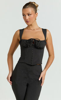 Susannah Top - Ruched Square Neck Bustier Top in Black Stripe