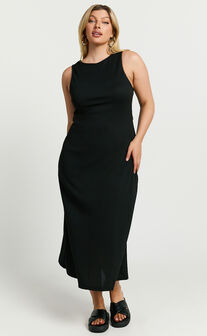 Rodolphe Midi Dress - Crew Neck Ribbed Sleeveless in Black