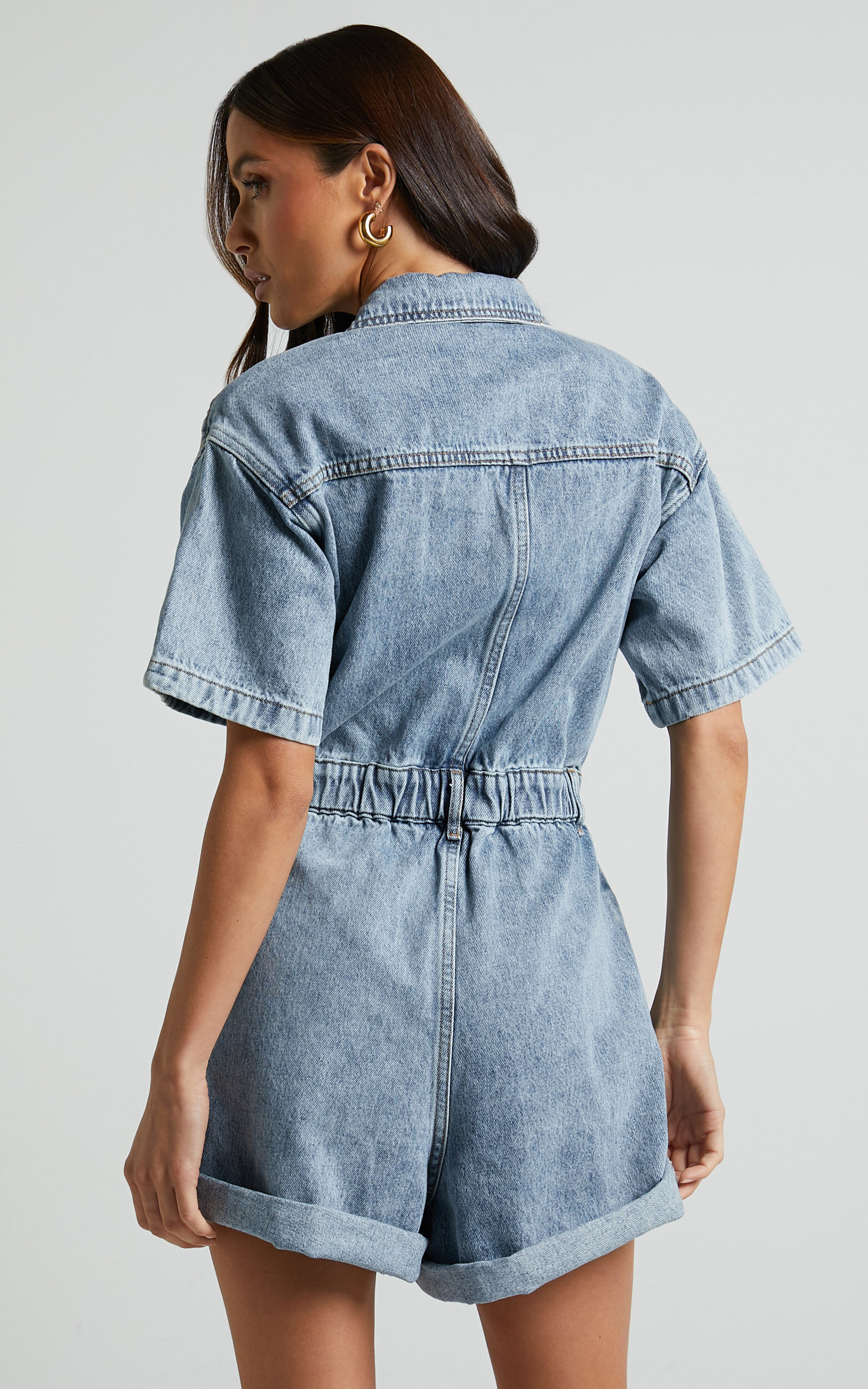 Leo Playsuit Collared Short Sleeve Button Front Denim Playsuit in Mid Blue Acid Wash Showpo