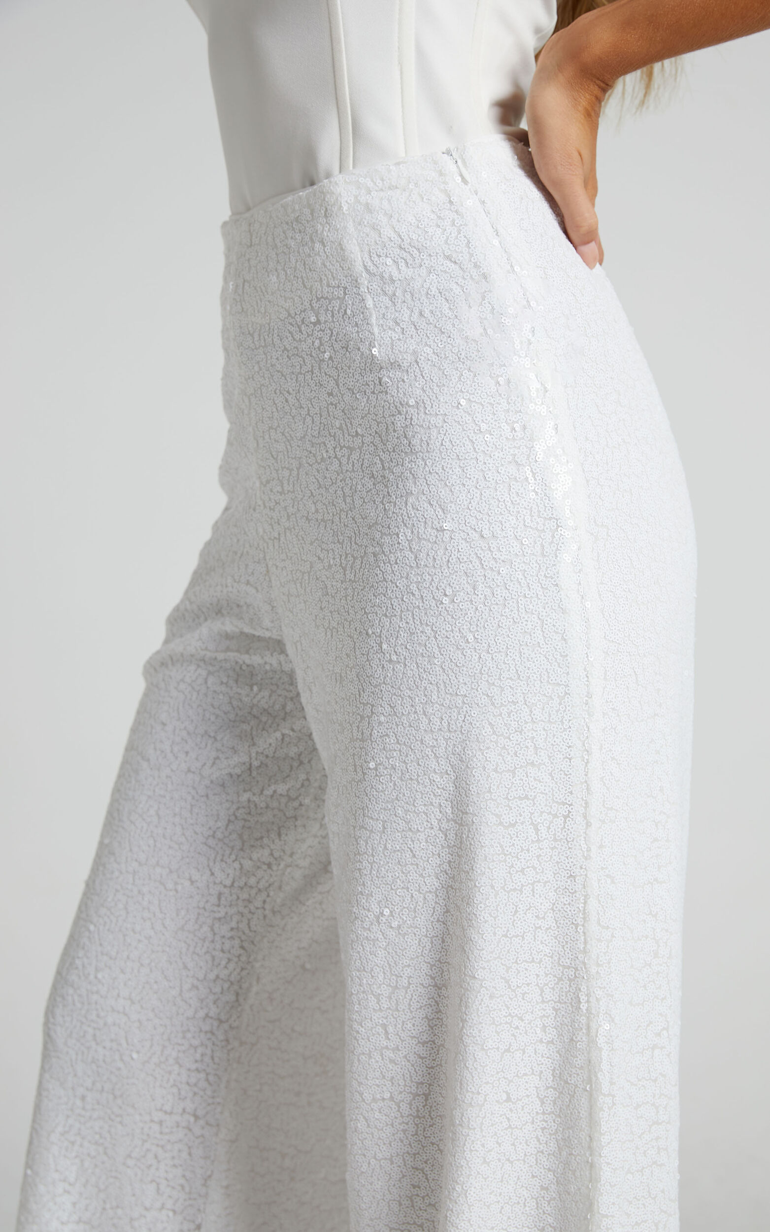 Looma Sequin Pants - High Waisted Super Wide Leg Pants in White