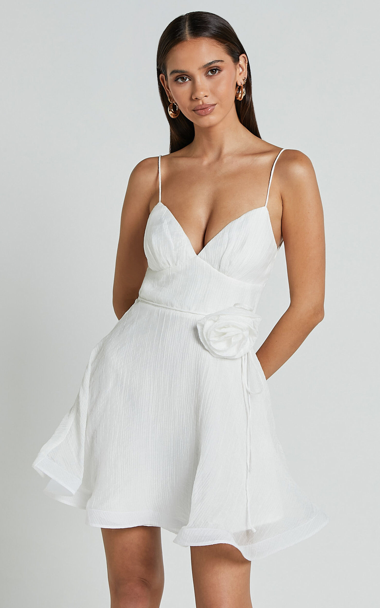 Adeline Mini Dress - Gathered Bust V Neck Rosette Detail Dress in White - 06, WHT1